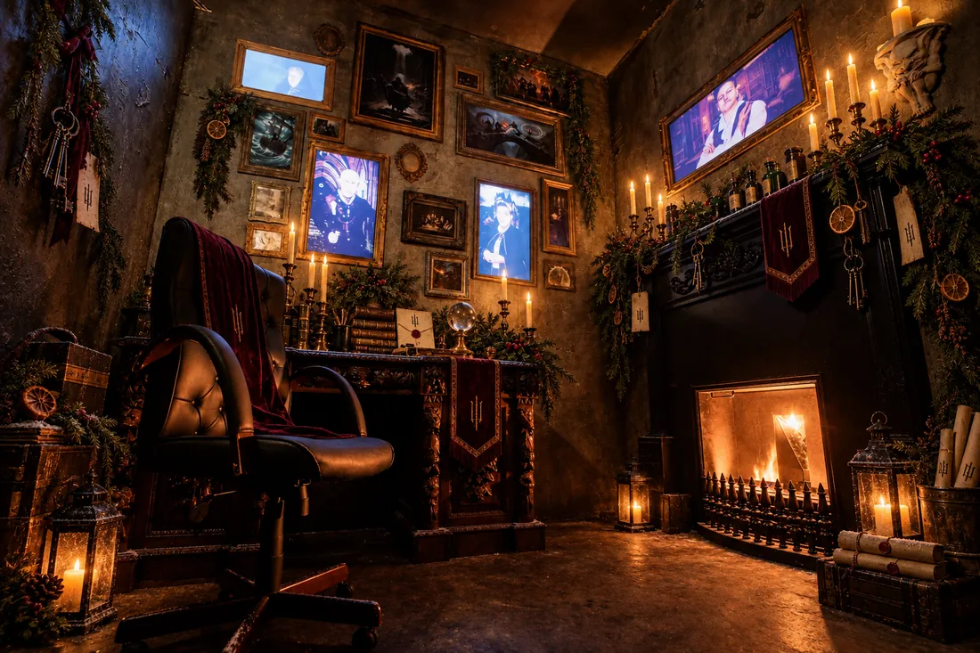 The High Constable's office dressed for Christmas, with candles on the mantel and a fire burning